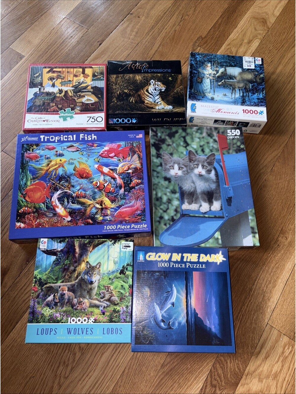 7  Lot Animal Puzzles, Cats, Tigers, Horses, Dolphins, Wolves, And Fish